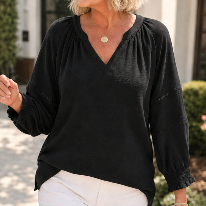 Belvora Lantern Sleeve V-Neck Blouse - Elena Harper