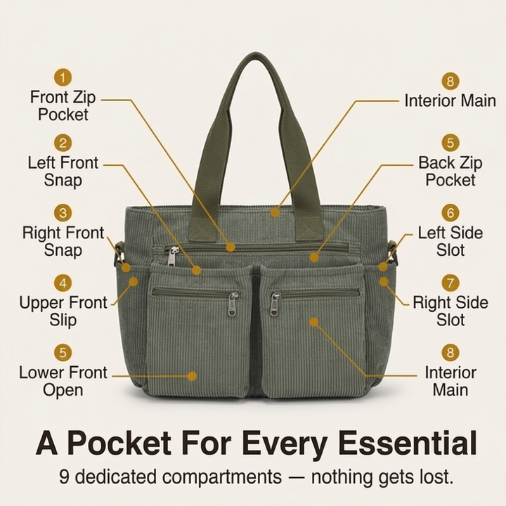 Clovera Multi Pocket Corduroy Shoulder Bag - Elena Harper