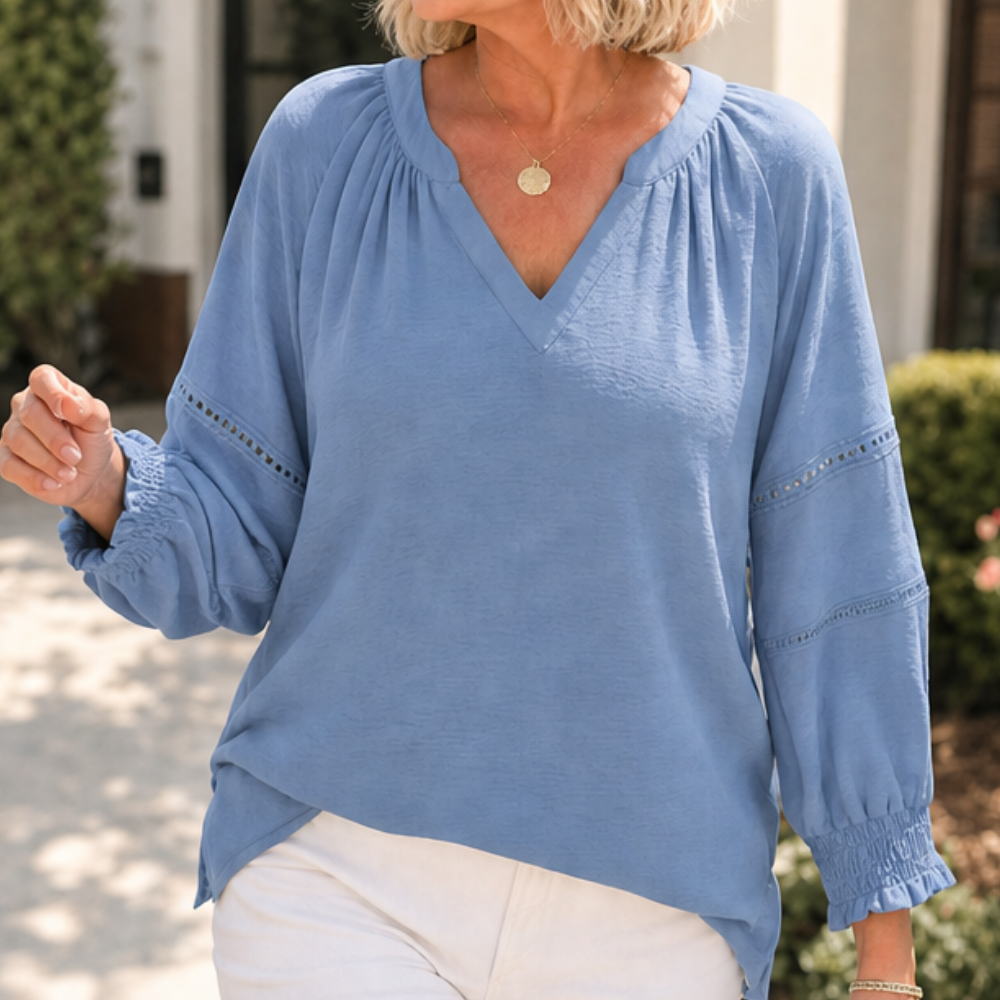 Belvora Lantern Sleeve V-Neck Blouse - Elena Harper