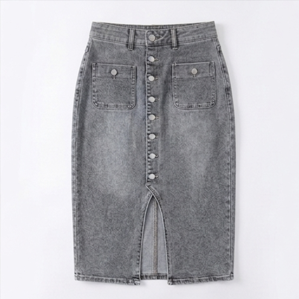 Denara Button-Front Denim Pencil Skirt - Elena Harper