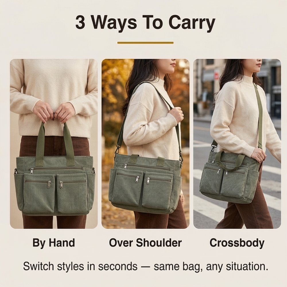 Clovera Multi Pocket Corduroy Shoulder Bag - Elena Harper