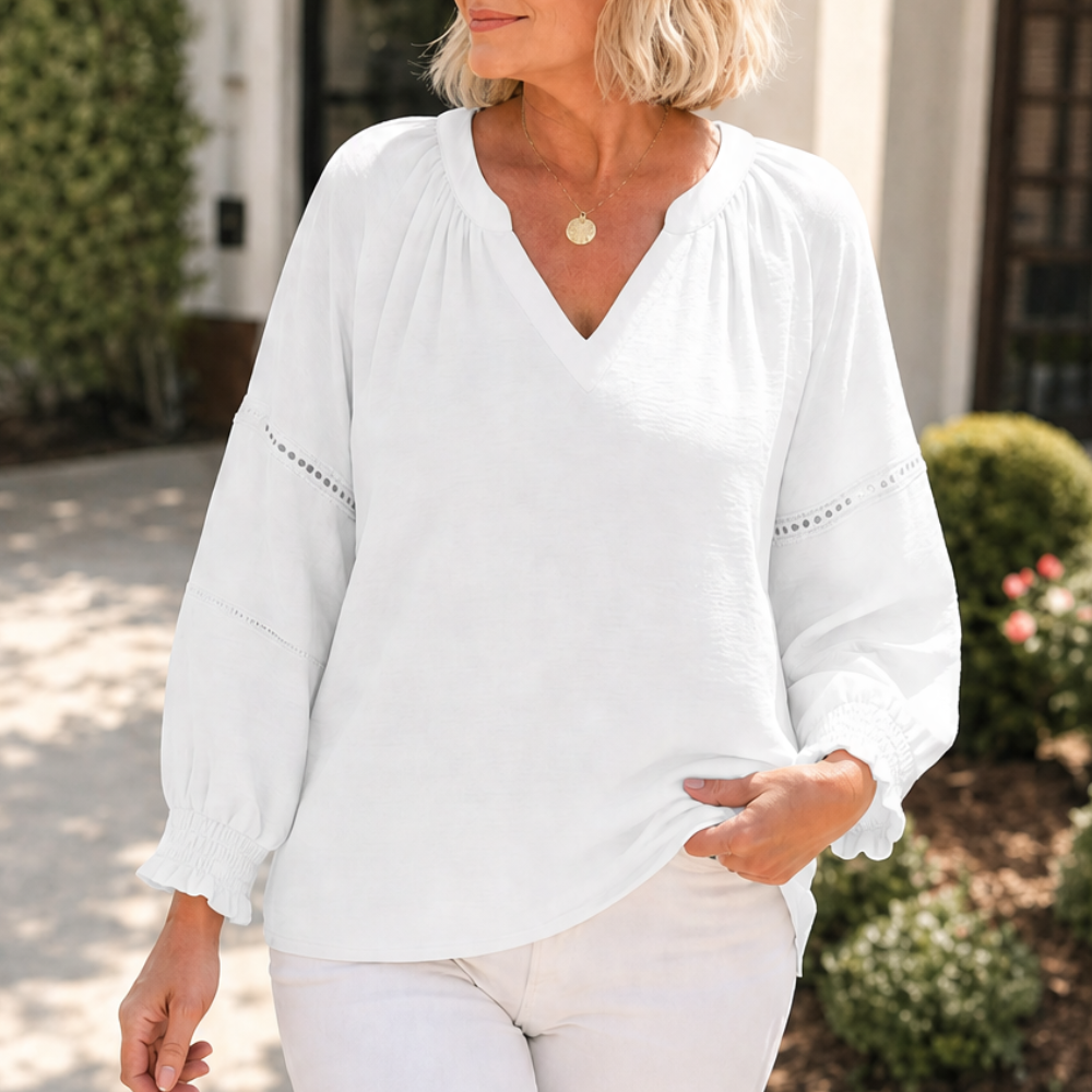 Belvora Lantern Sleeve V-Neck Blouse - Elena Harper