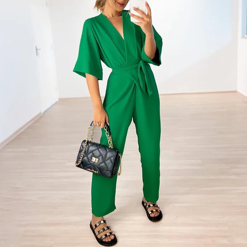 Simple short-sleeve jumpsuit with V-neck