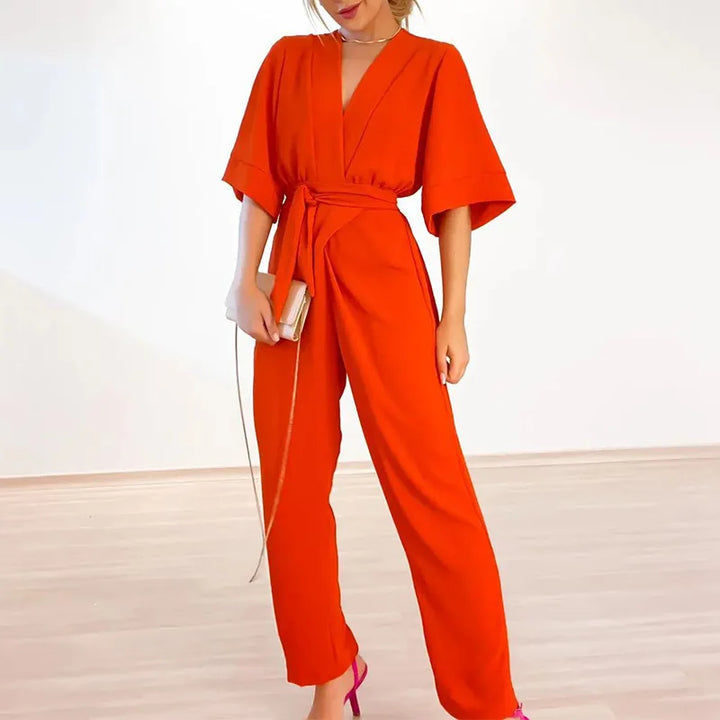 Simple short-sleeve jumpsuit with V-neck