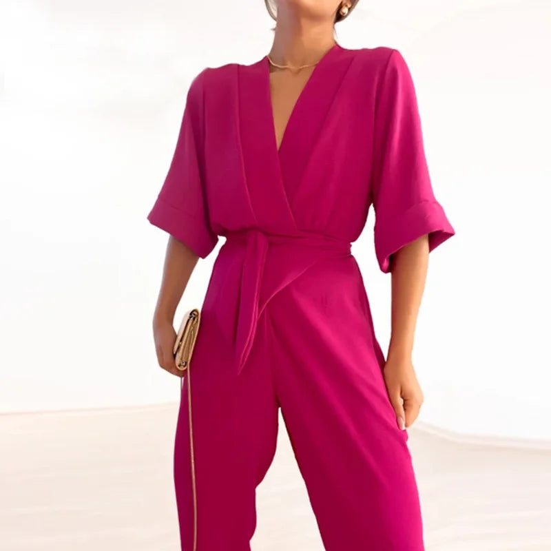 Simple short-sleeve jumpsuit with V-neck
