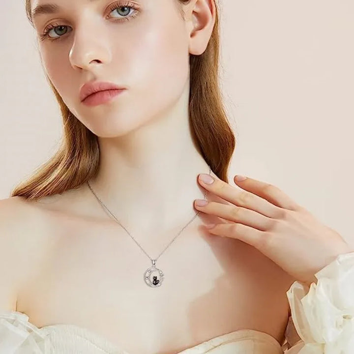 Black Cat Moon Crystal Pendant Necklace, view 4 - Elena Harper