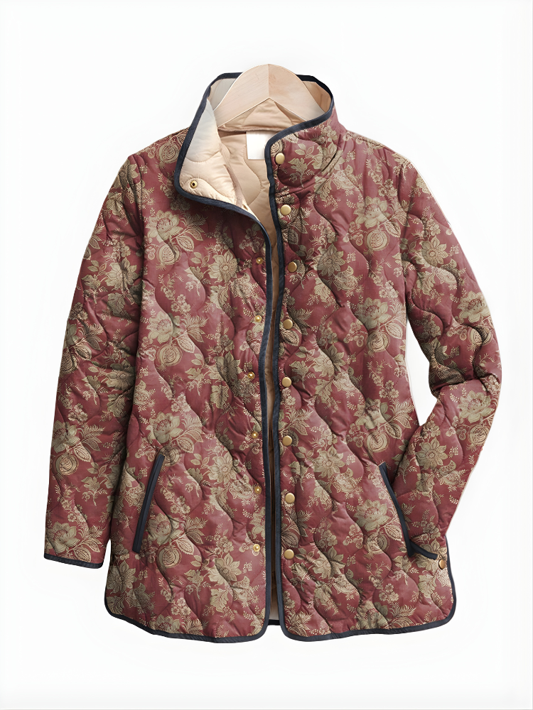 Women's Floral Quilted Jacket with Stand Collar - Elena Harper
