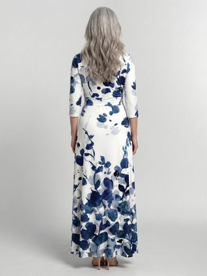Eleanor Three Quarter Sleeve V Neck Floral Maxi Dress - Elena Harper