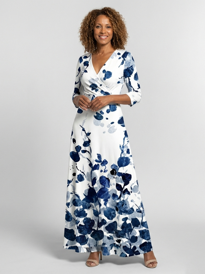 Eleanor Three Quarter Sleeve V Neck Floral Maxi Dress - Elena Harper