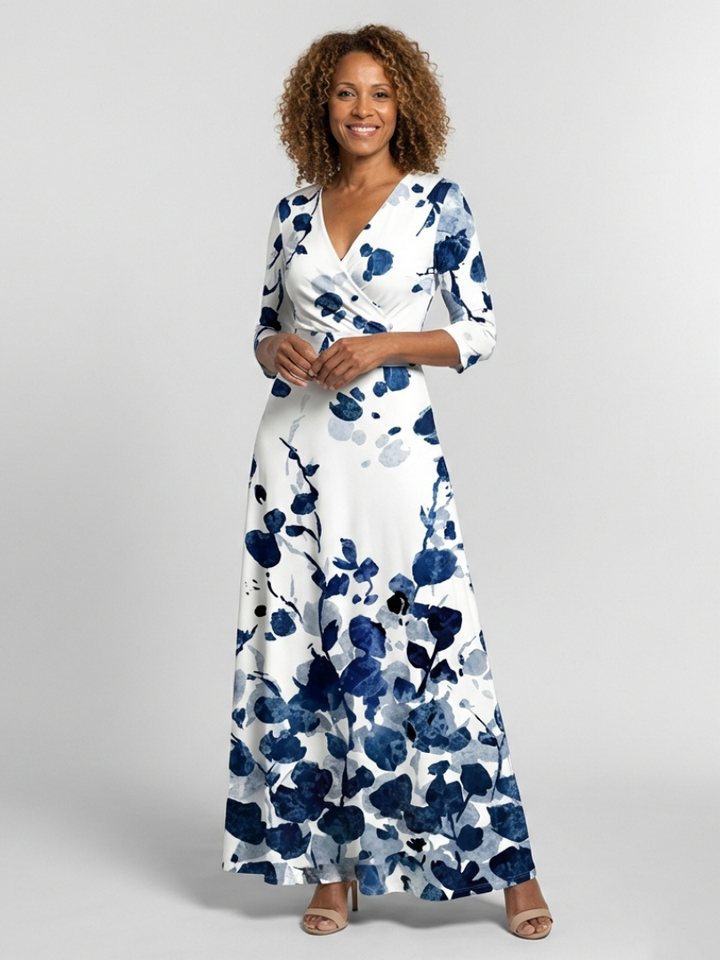 Eleanor Three Quarter Sleeve V Neck Floral Maxi Dress - Elena Harper