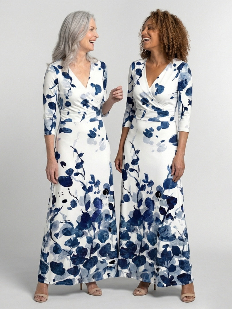 Eleanor Three Quarter Sleeve V Neck Floral Maxi Dress - Elena Harper