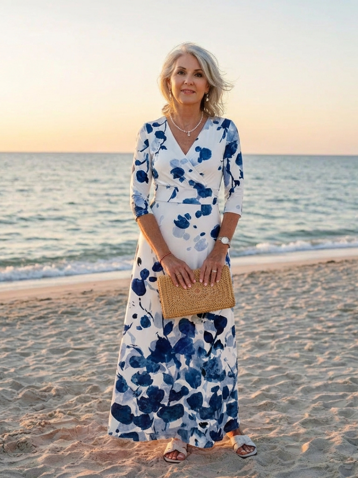 Eleanor Three Quarter Sleeve V Neck Floral Maxi Dress - Elena Harper