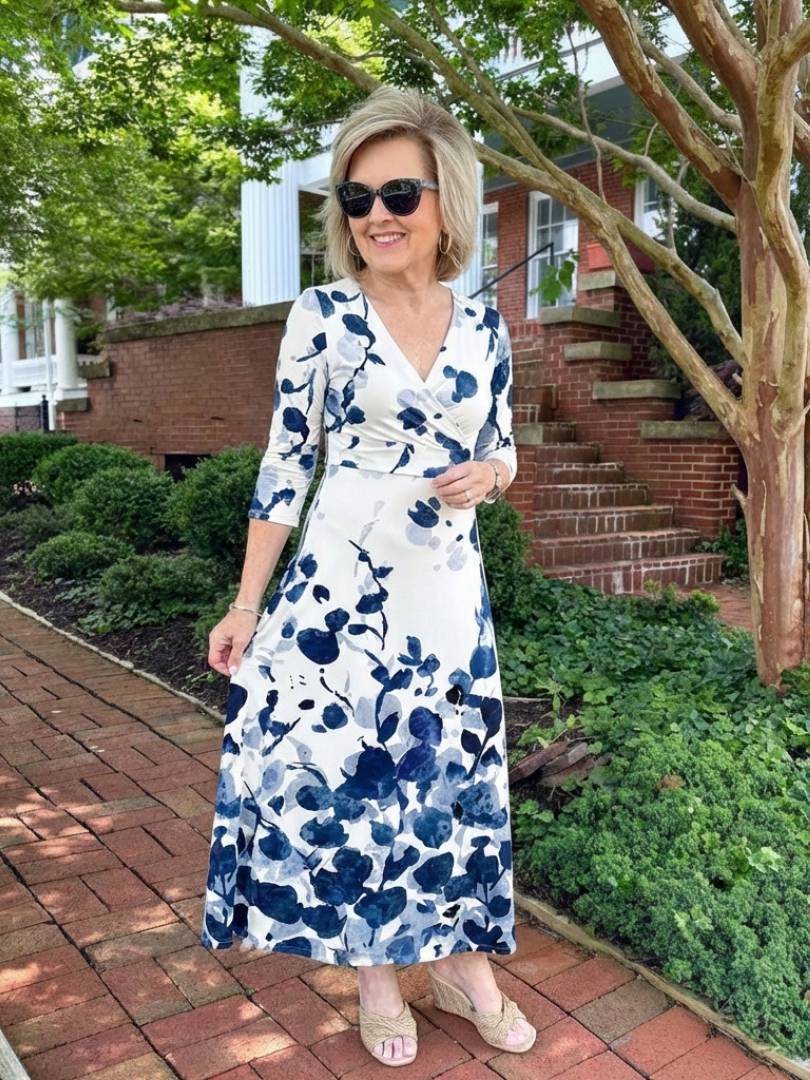 Eleanor Three Quarter Sleeve V Neck Floral Maxi Dress - Elena Harper