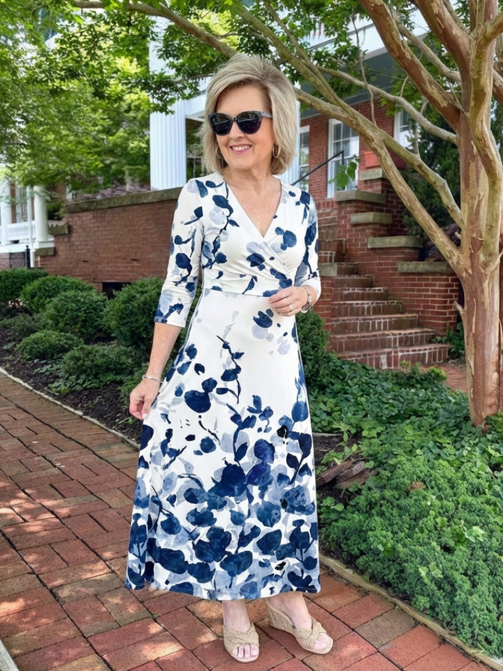 Eleanor Three Quarter Sleeve V Neck Floral Maxi Dress - Elena Harper