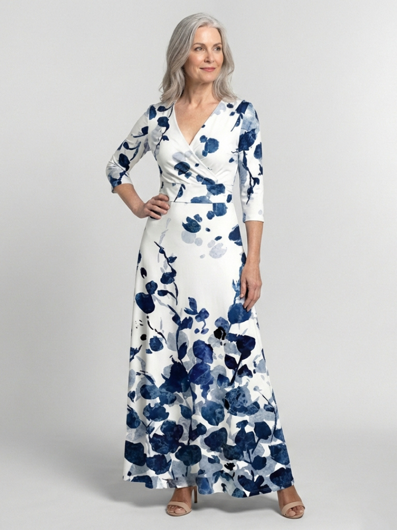Eleanor Three Quarter Sleeve V Neck Floral Maxi Dress - Elena Harper