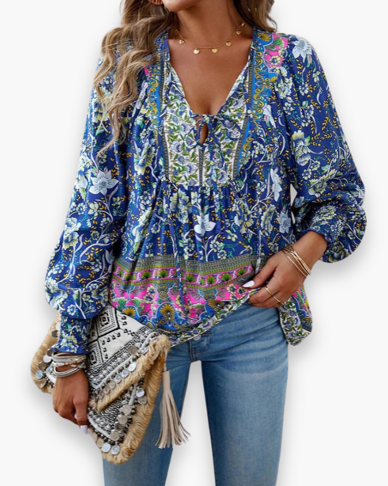 Flower Blouse with V-Neck for Women