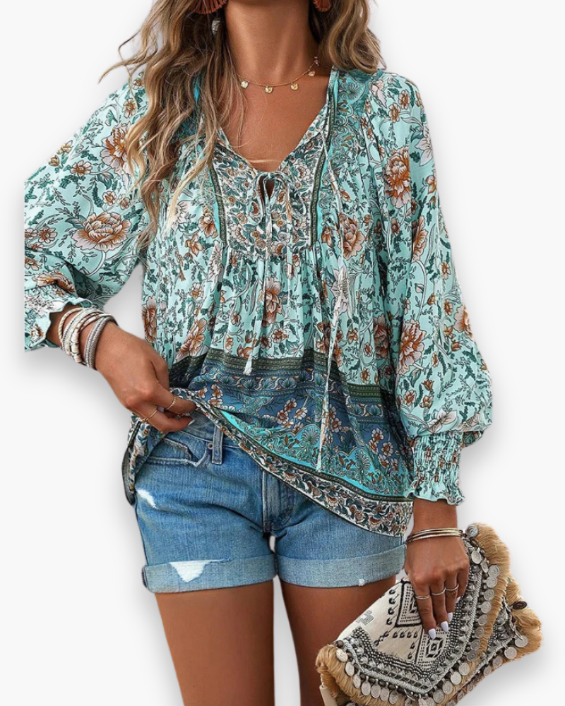 Flower Blouse with V-Neck for Women