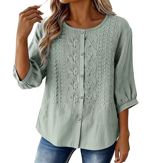 Liesl Embroidered Button-Down Blouse with Round Neck, view 9 - Elena Harper