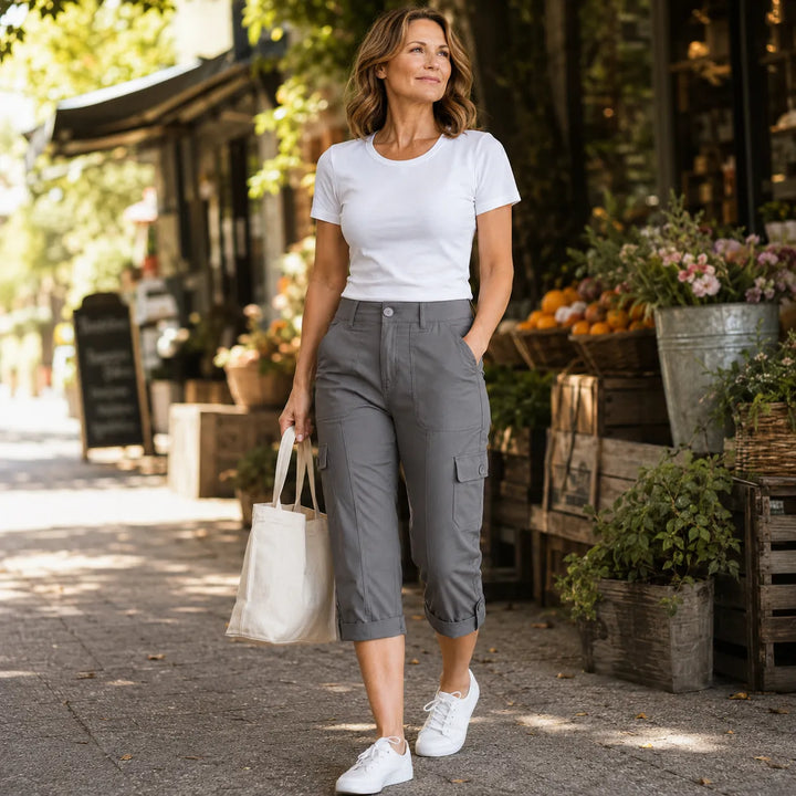Caliva Cropped Cargo Capri Pants with Cuffed Hem and Pockets - Elena Harper