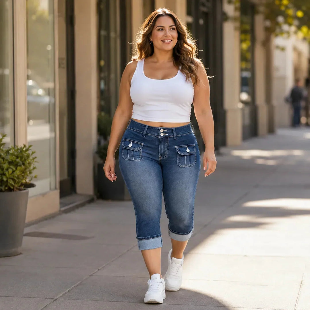 Curvella Curvy Fit Stretch Denim-like Capri Jeans, Mid Rise Cuffed Hem - Elena Harper