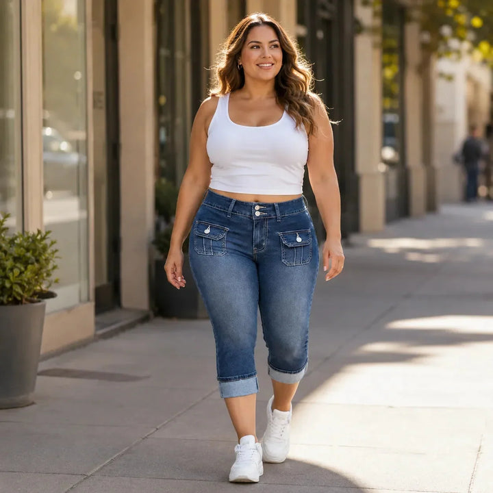 Curvella Curvy Fit Stretch Denim-like Capri Jeans, Mid Rise Cuffed Hem - Elena Harper