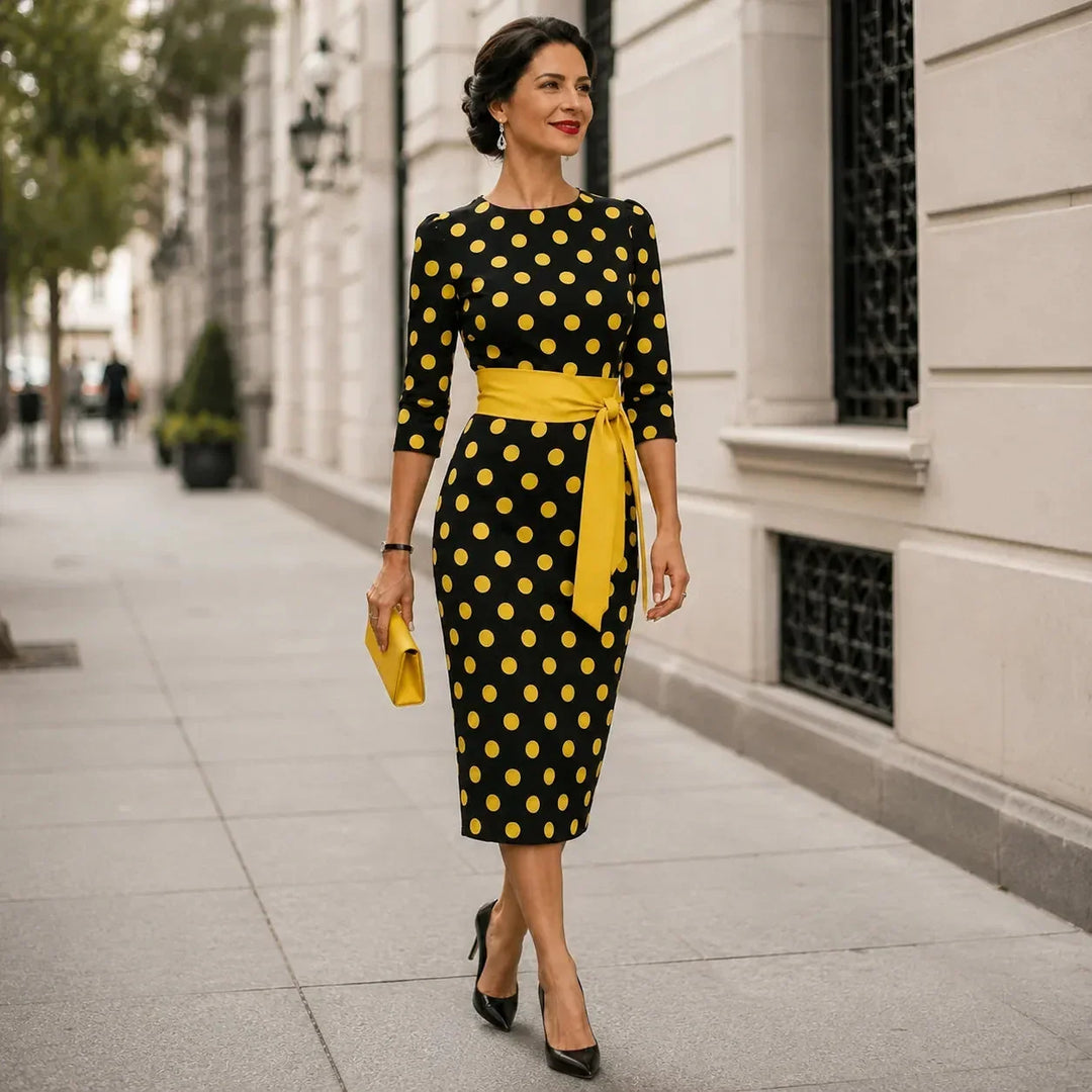 Belora Retro Polka Dot Midi Dress with Belted Waist - Elena Harper