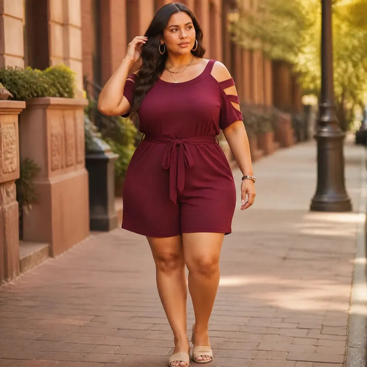 Curvella Cold-Shoulder Belted Romper with Tie Waist & Pockets - Elena Harper