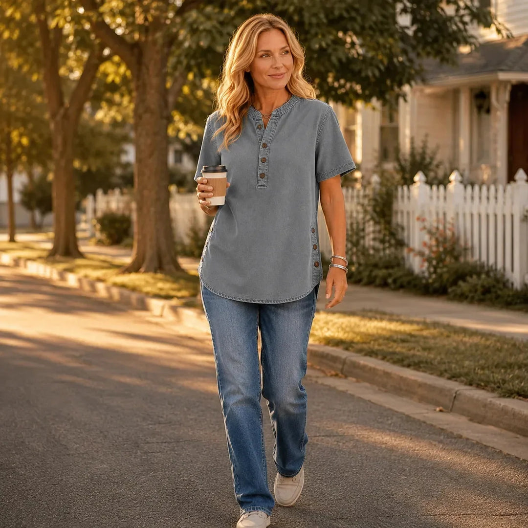 Avelyn Henley Tunic Top with Side Buttons for Women - Elena Harper