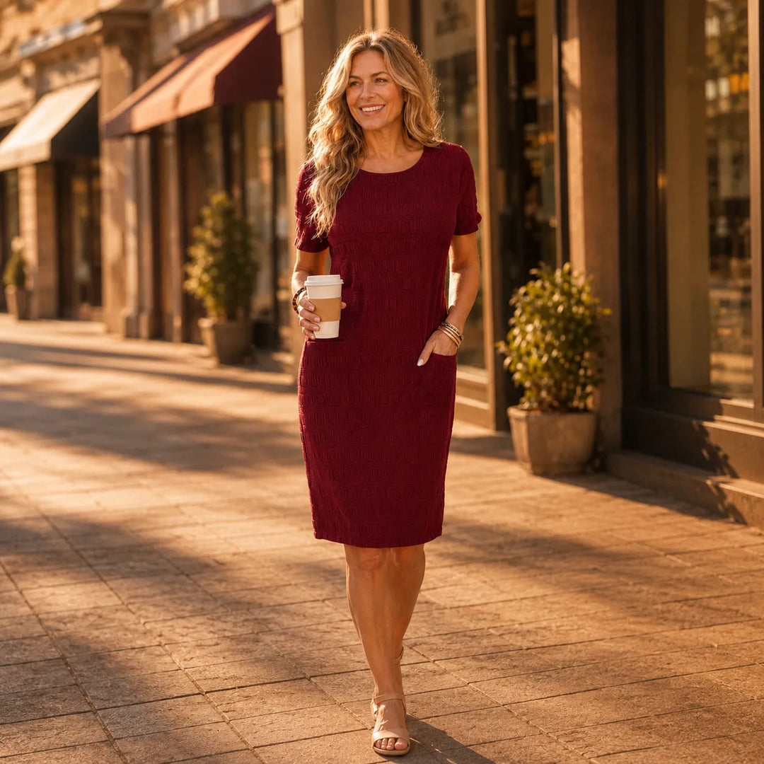 Belvora Textured Stretch Knee Dress with Pockets - Elena Harper