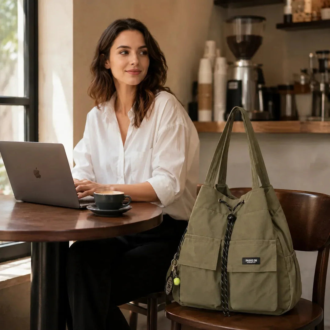 Carryall Convertible Drawstring Canvas Tote Backpack with Cargo Pockets - Elena Harper