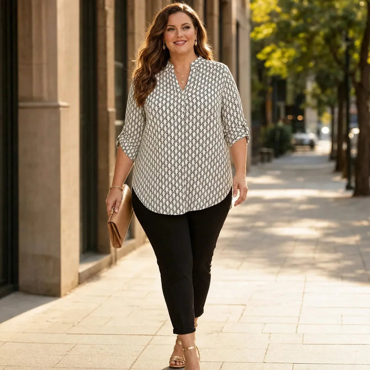 Drapella Geometric Print V-Neck Tunic Blouse with Roll-Tab Sleeves - Elena Harper