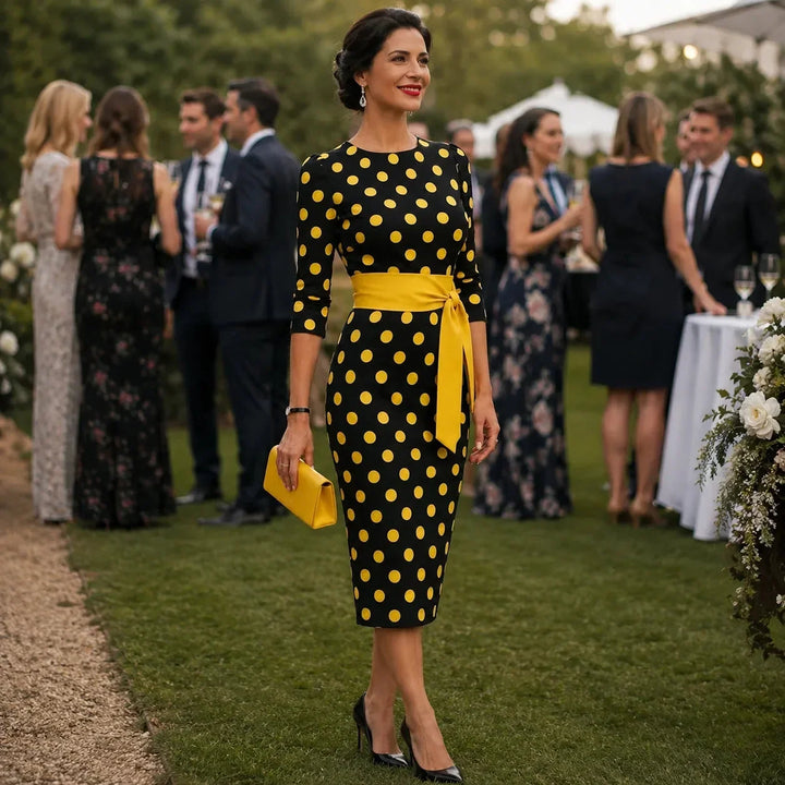 Belora Retro Polka Dot Midi Dress with Belted Waist - Elena Harper