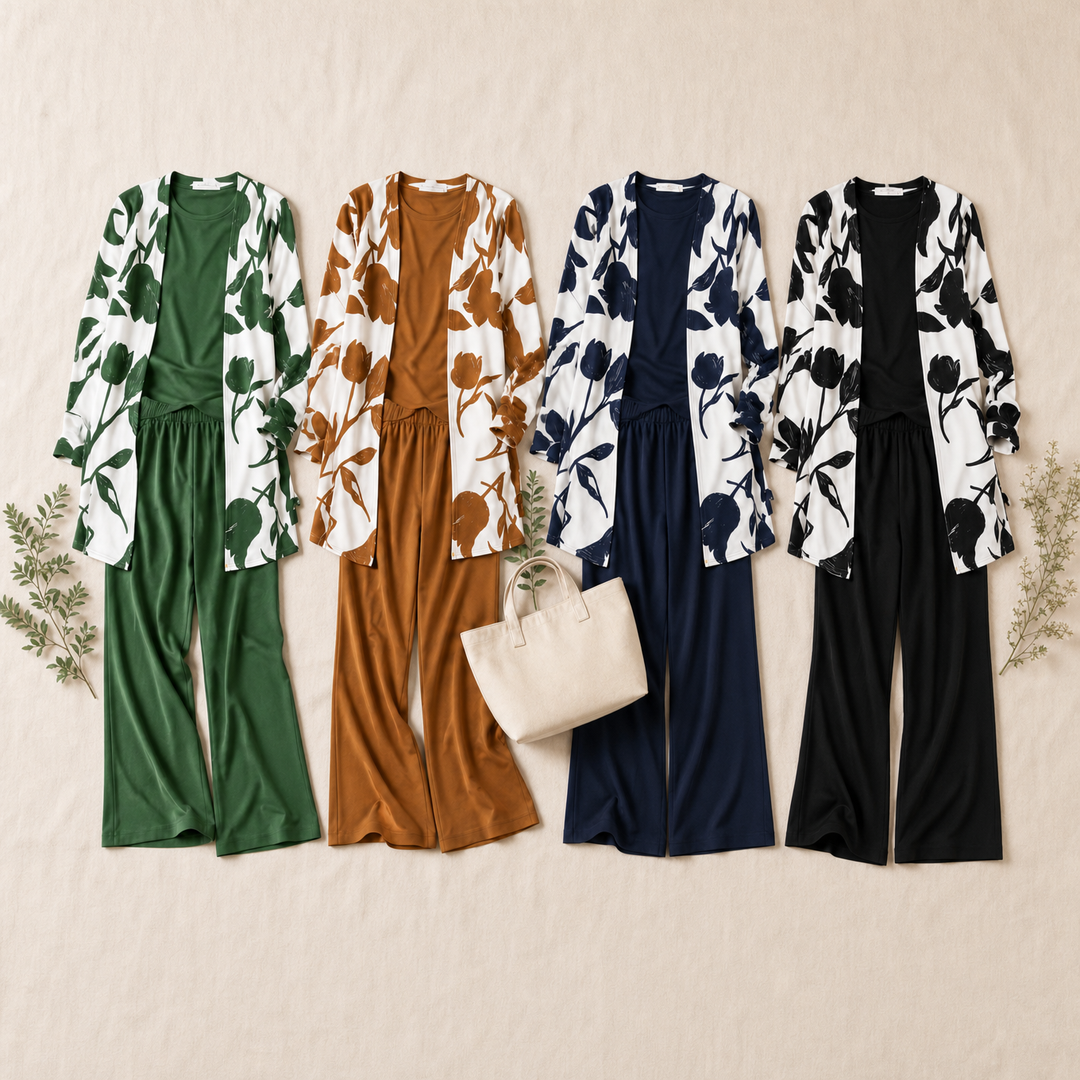 Brenda Women's 3 Piece Set with Floral Cardigan, Scoop Top and Wide Leg Trousers - Elena Harper