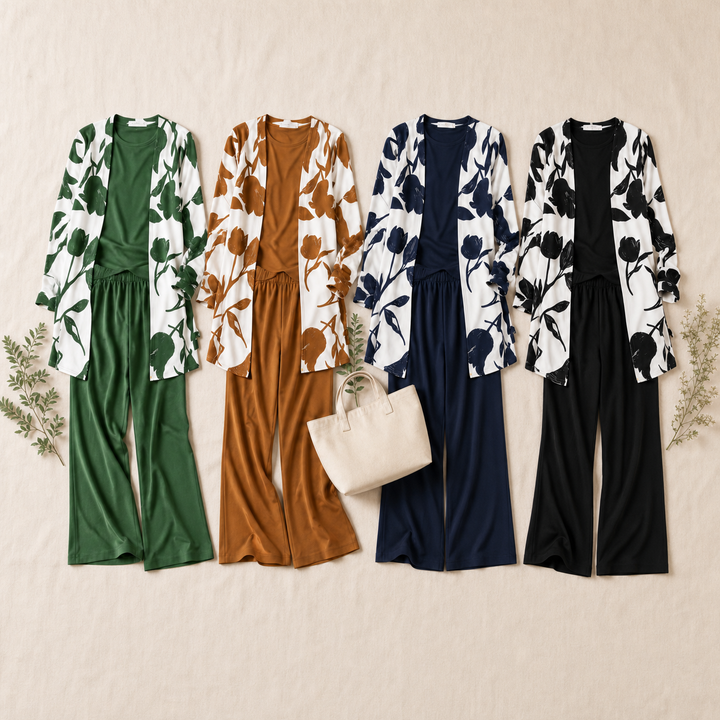 Brenda Women's 3 Piece Set with Floral Cardigan, Scoop Top and Wide Leg Trousers - Elena Harper