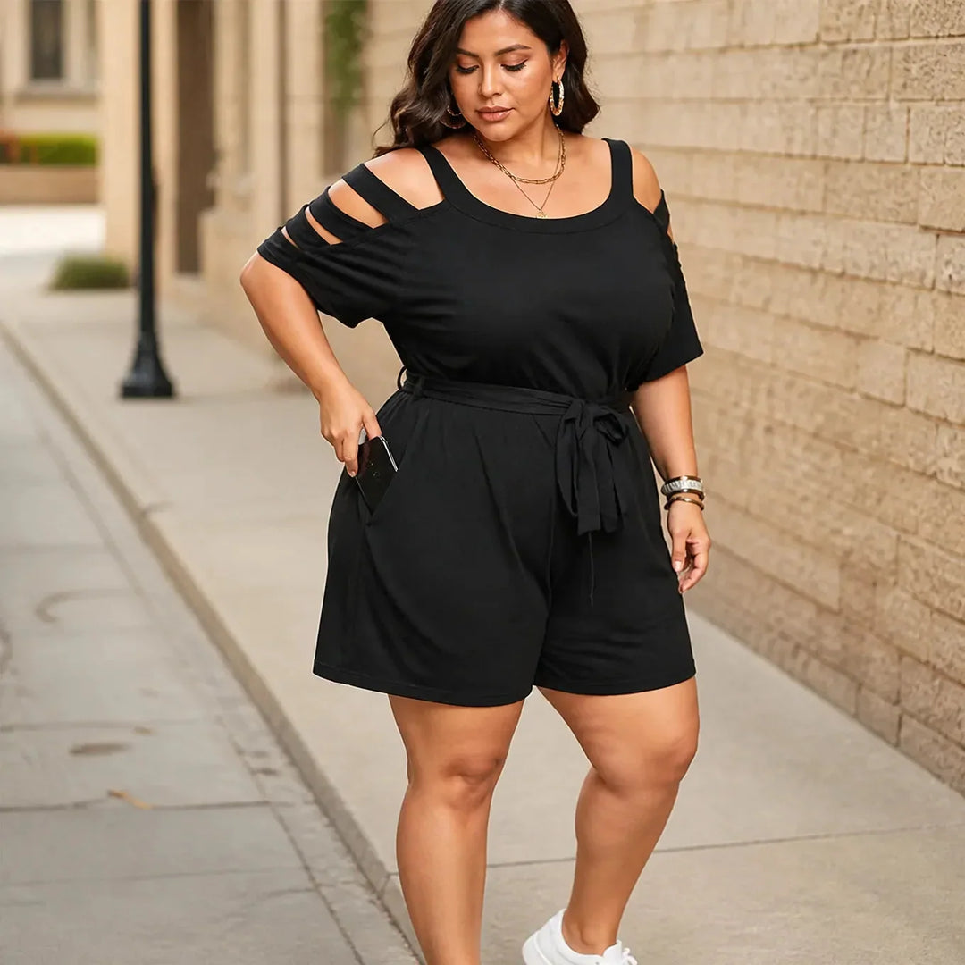 Curvella Cold-Shoulder Belted Romper with Tie Waist & Pockets - Elena Harper