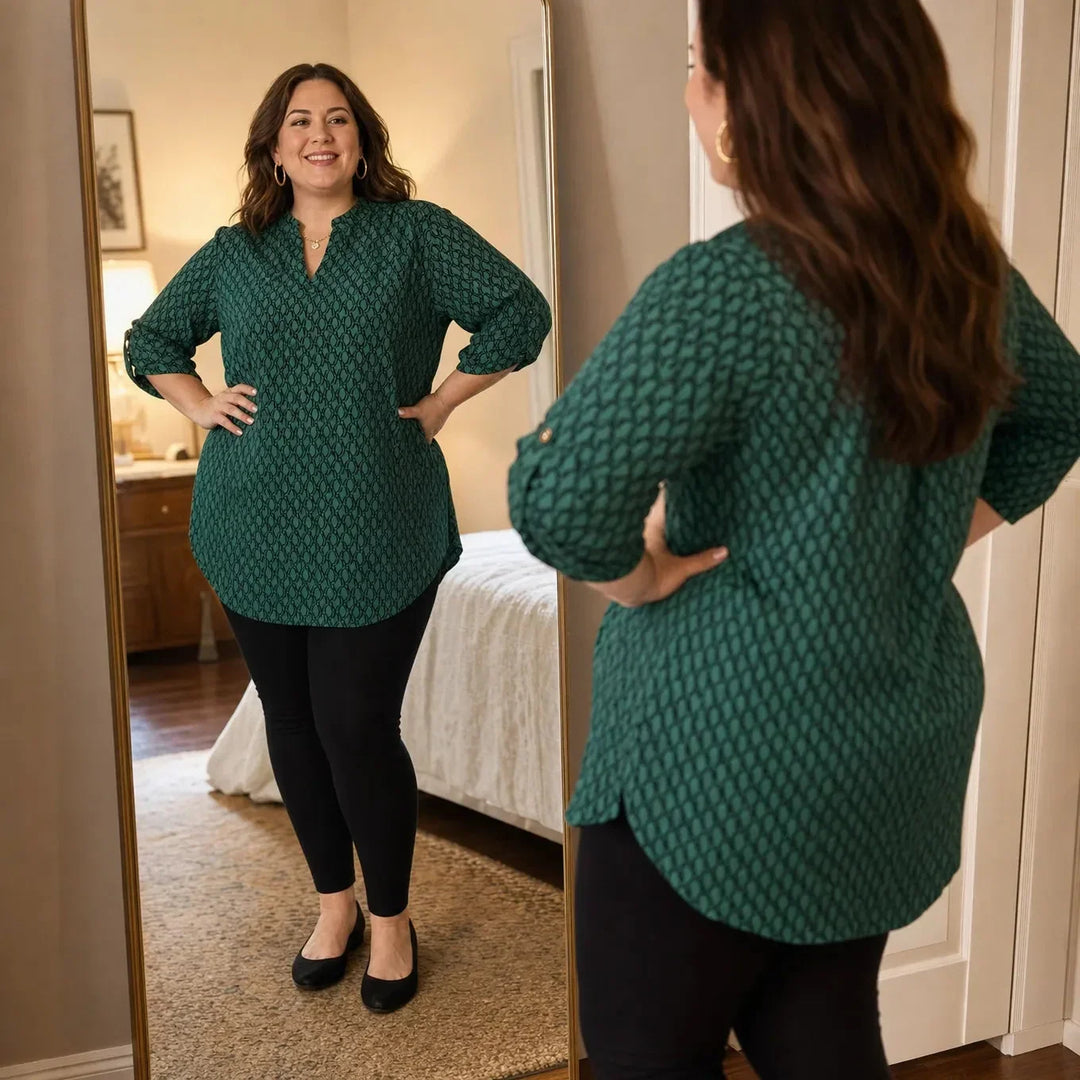 Drapella Geometric Print V-Neck Tunic Blouse with Roll-Tab Sleeves - Elena Harper