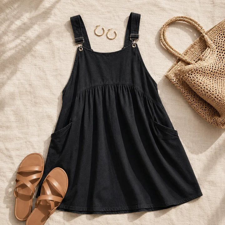 Cloverly Empire-Waist Pinafore Babydoll Dress with Pockets, Plus Size 0XL 5XL, view 5 - Elena Harper