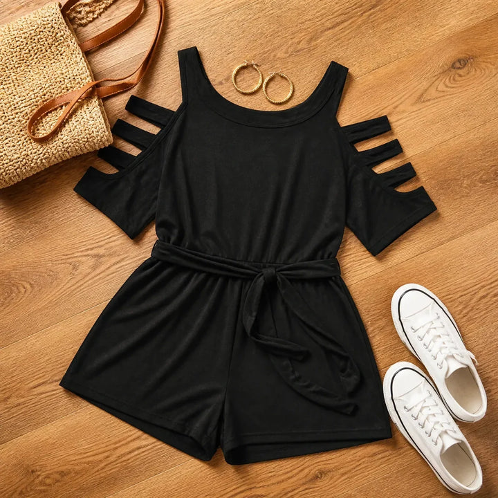 Curvella Cold-Shoulder Belted Romper with Tie Waist & Pockets - Elena Harper