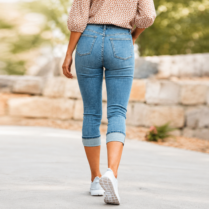 Cuffova Women's High Waist Stretch Capri Jeans with Cuffed Hem - Elena Harper