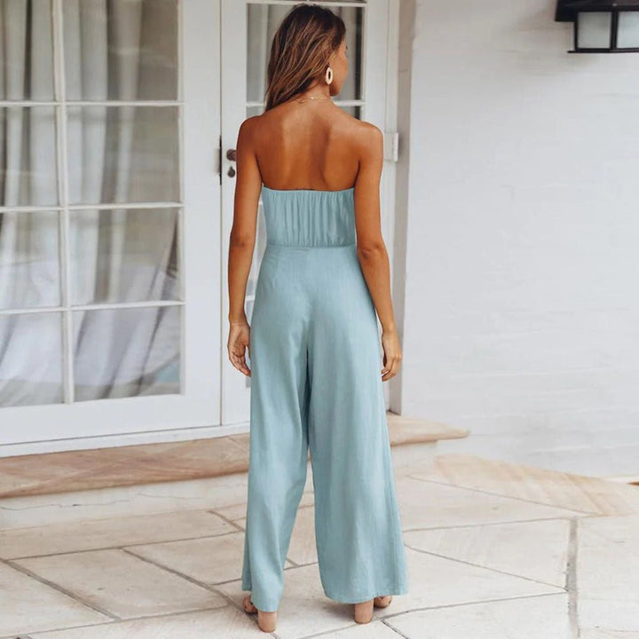 Women's Wide Leg Strapless Jumpsuit – Elegant Tied Waist