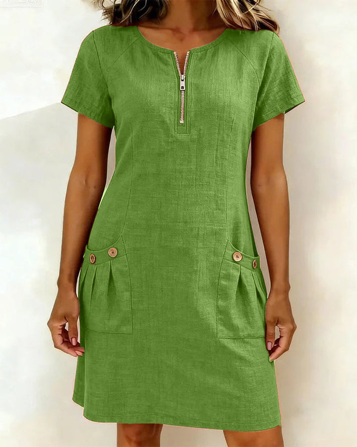 Linen A-Line Dress with Pockets and Zipper for Women