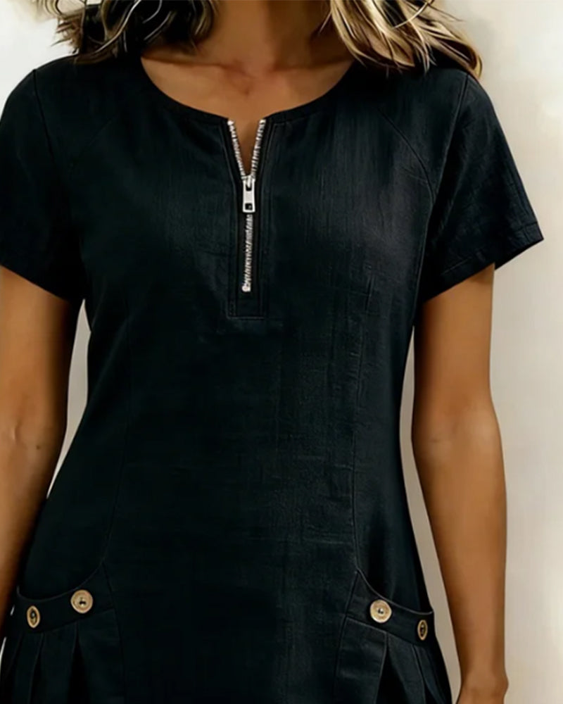 Linen A-Line Dress with Pockets and Zipper for Women