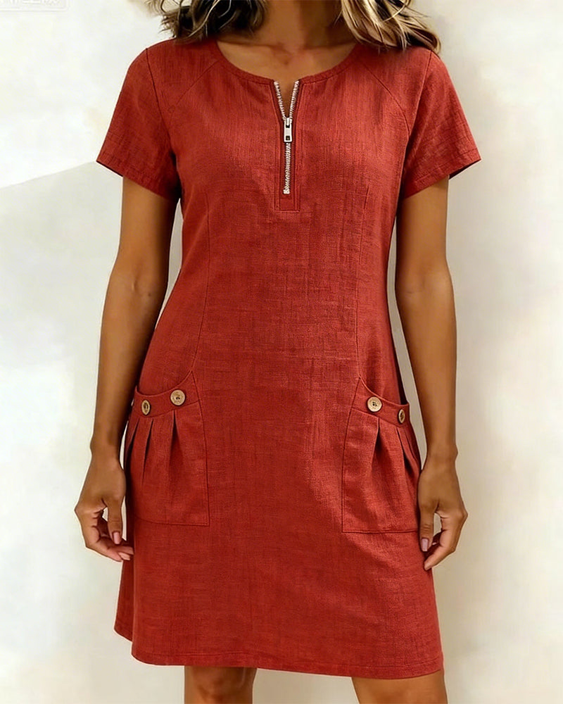 Linen A-Line Dress with Pockets and Zipper for Women