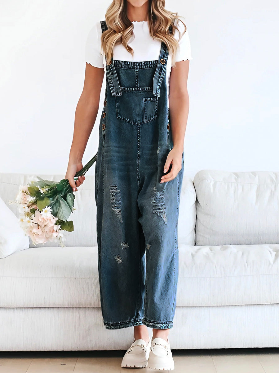 ELESSA – LOOSE FIT DENIM DUNGAREES IN DISTRESSED LOOK
