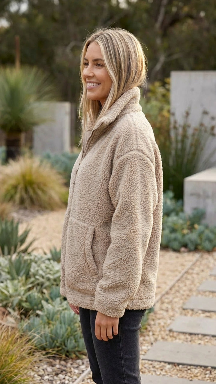 Womens Fleece Teddy Sherpa Zip Up Oversized Jacket