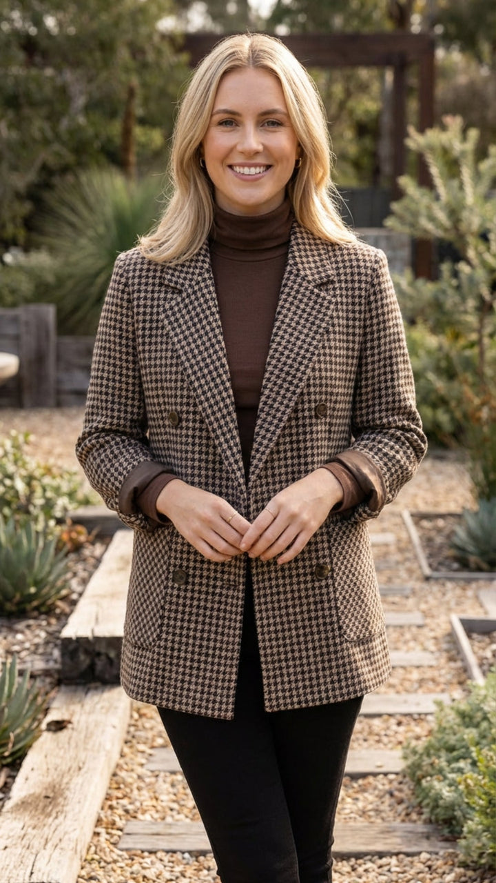 Women’s Checkered Double Breasted Long Blazer Jacket