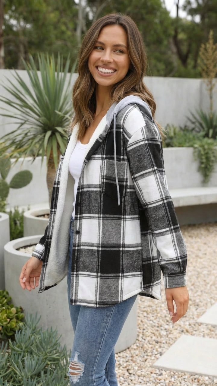 Women’s Checkered Print Hooded Jacket