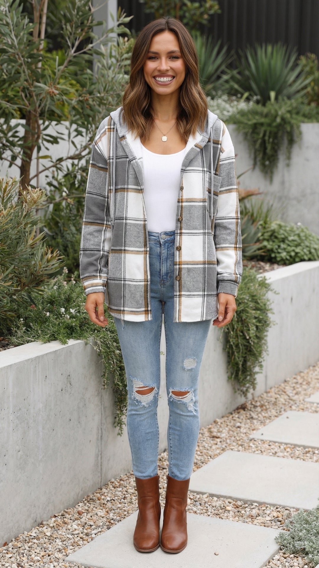 Women’s Checkered Print Hooded Jacket