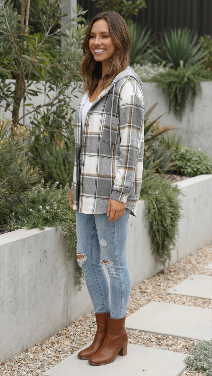 Women’s Checkered Print Hooded Jacket