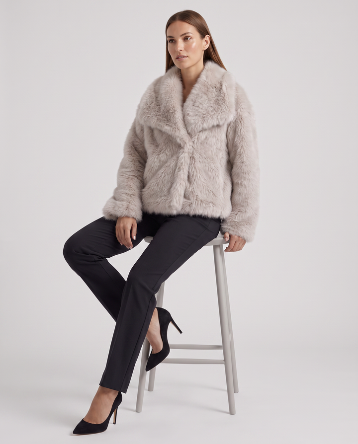 Beige Shaggy Faux Fur Jacket Collared Winter